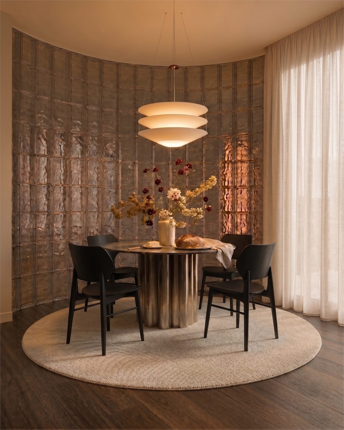 Warm residential dining vignette with sculptural lighting and textured glass
