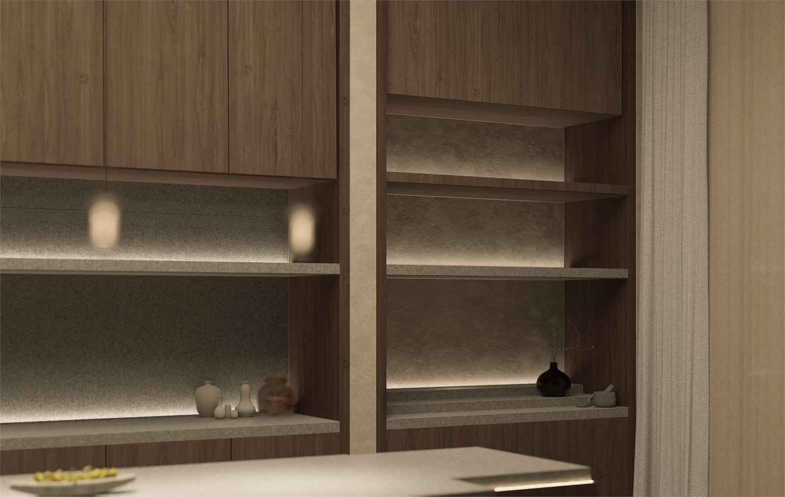 Close detail of oak shelving, stone and soft kitchen lighting