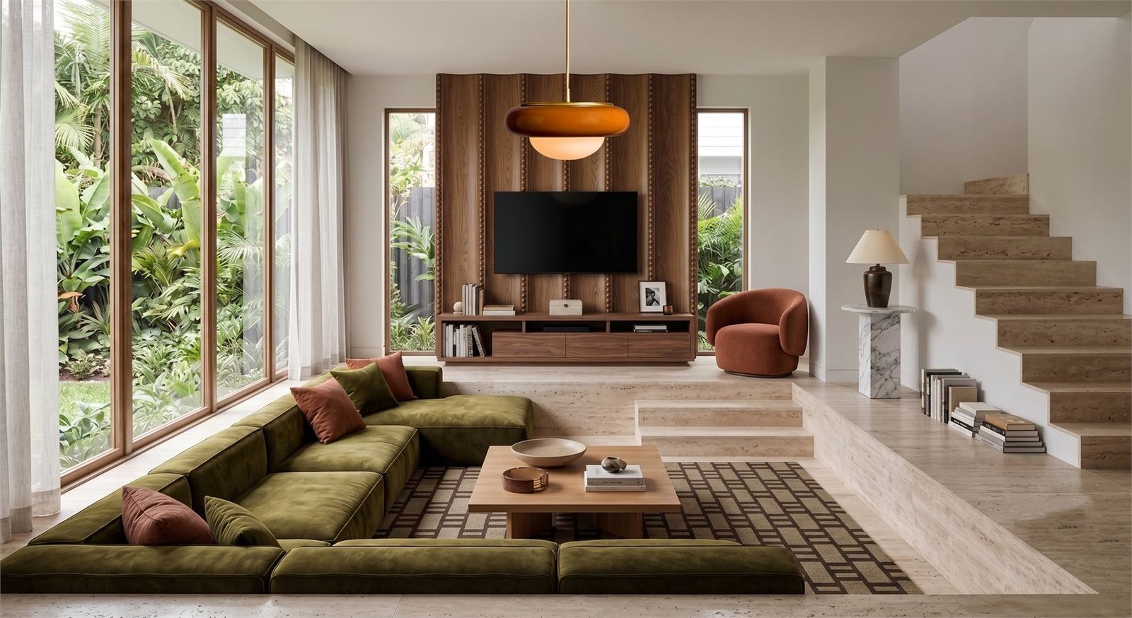 Warm residential living room with garden view and natural materials