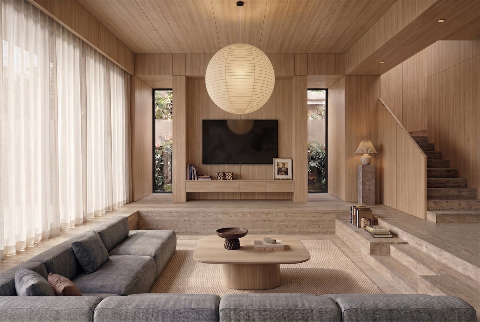 Oak paneled residential living room with calm soft lighting