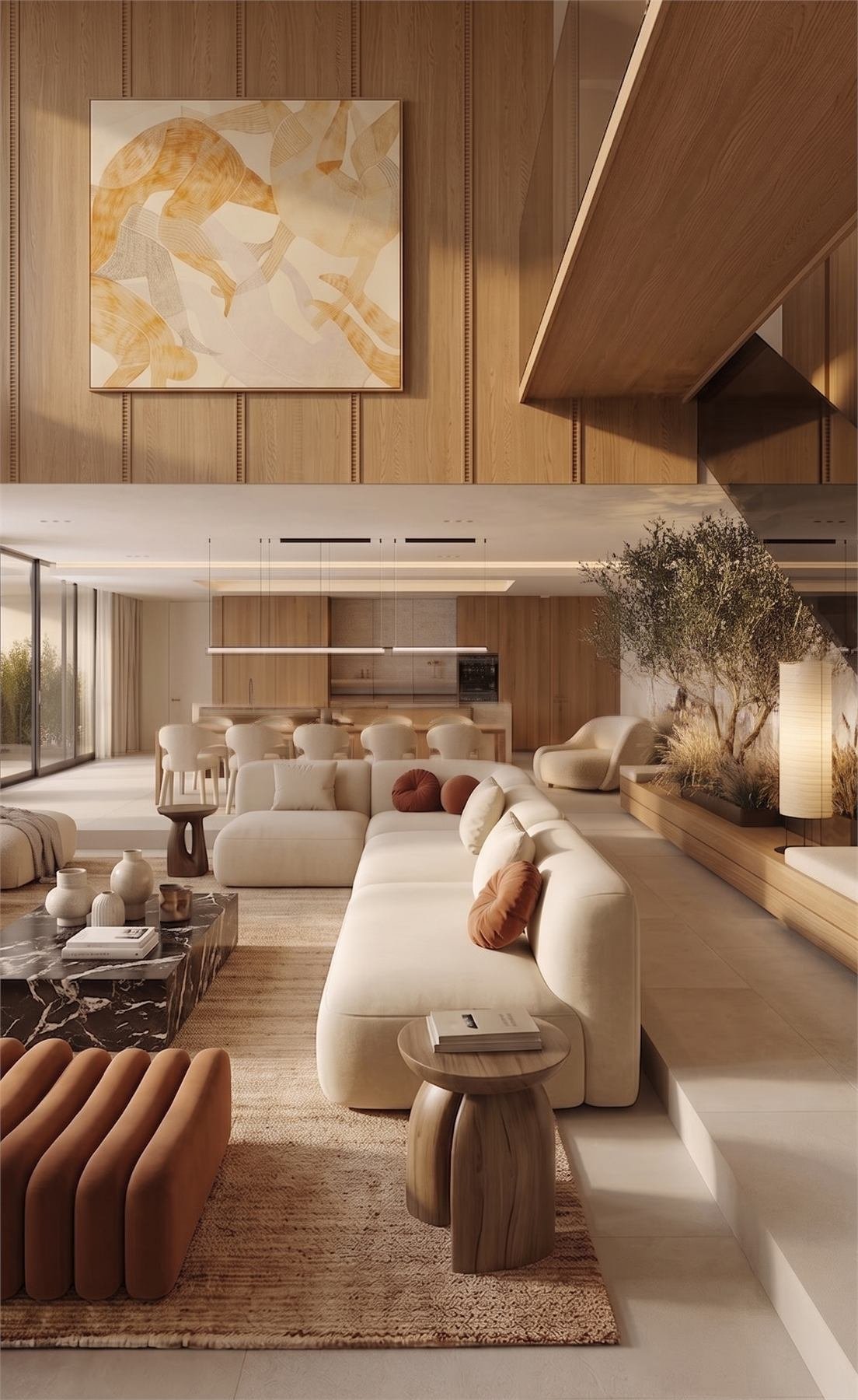 Residential living concept with warm wood, soft seating and layered materials