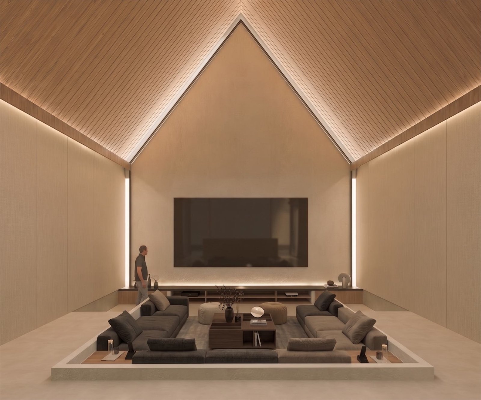 Vaulted residential living room with architectural timber ceiling