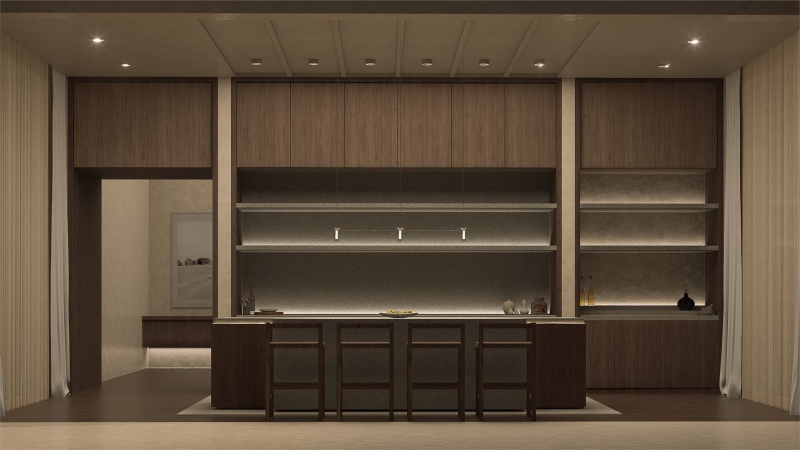 Residential bar wall with wood cabinetry and soft integrated lighting