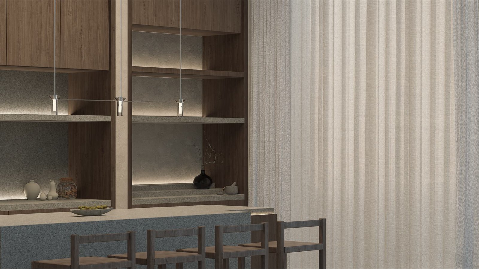 Residential kitchen bar detail with soft curtains and wood shelving