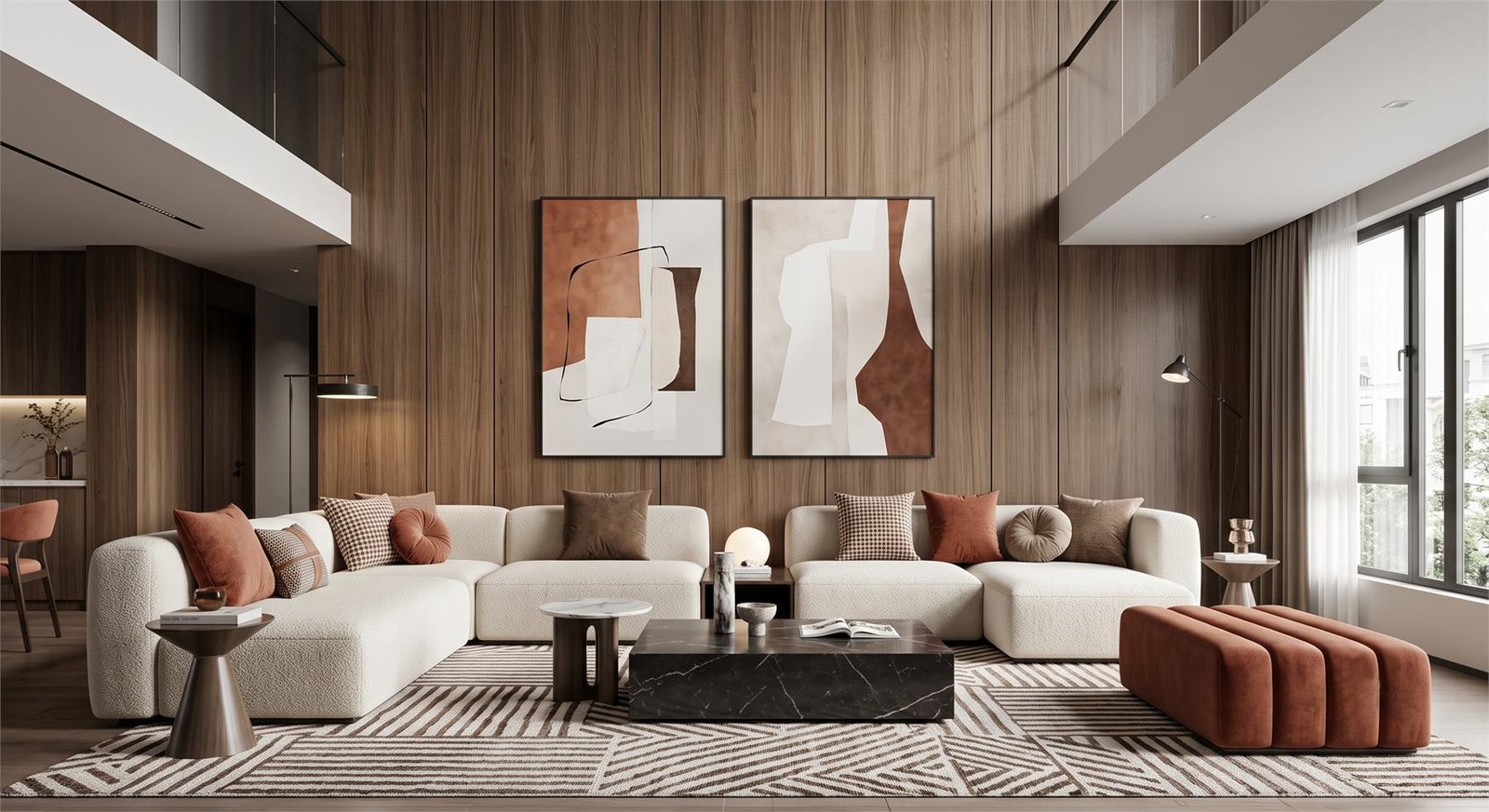 Residential living room with warm wood wall, art and neutral seating