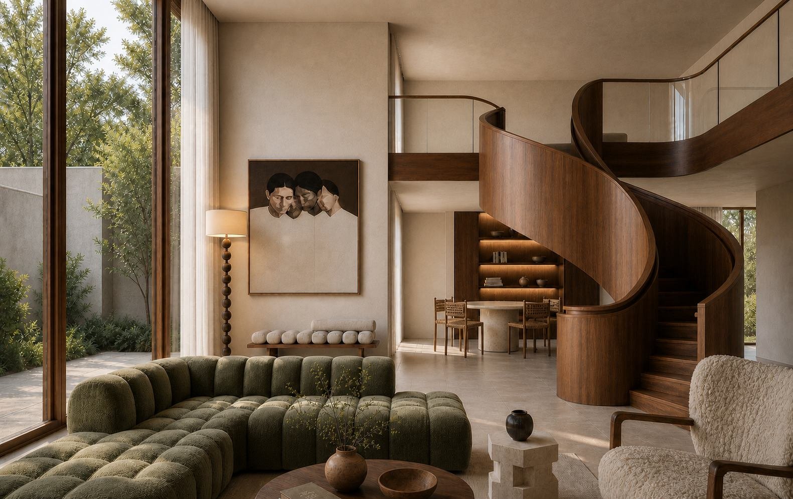 Residential living room with curved wooden staircase, garden view and warm natural materials