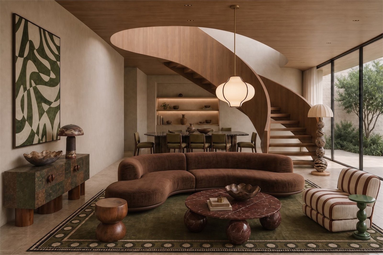 Residential living room with sculptural staircase, warm wood and garden light