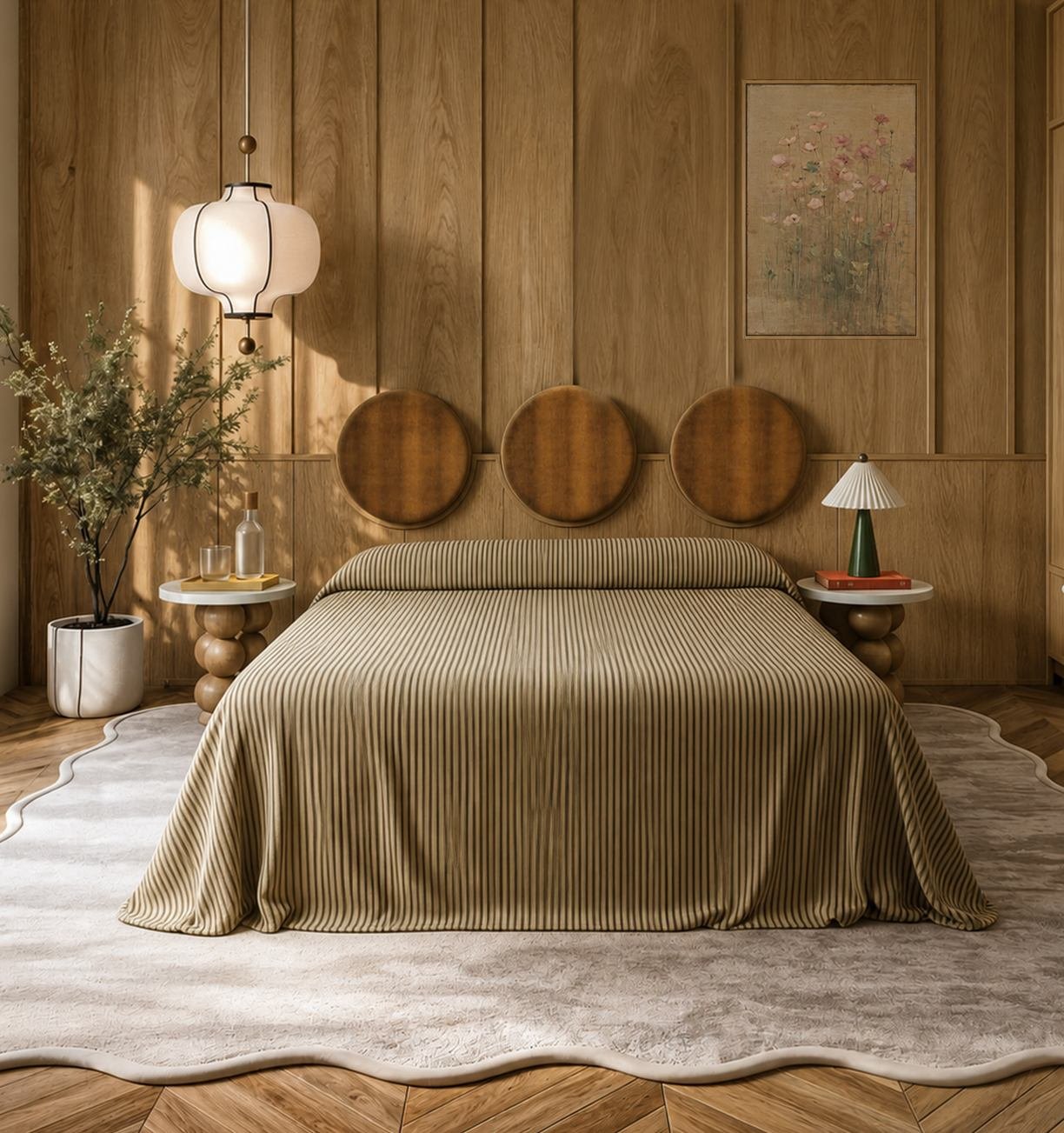 Warm bedroom interior with oak wall panels and soft layered styling