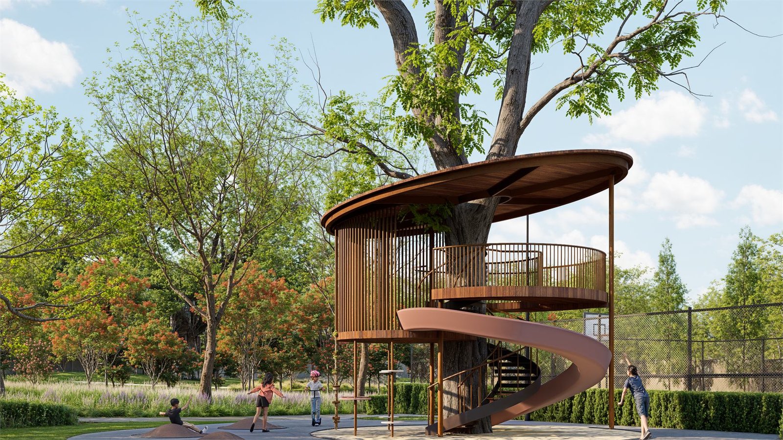 Farmhouse play area with circular tree house and slide among landscape