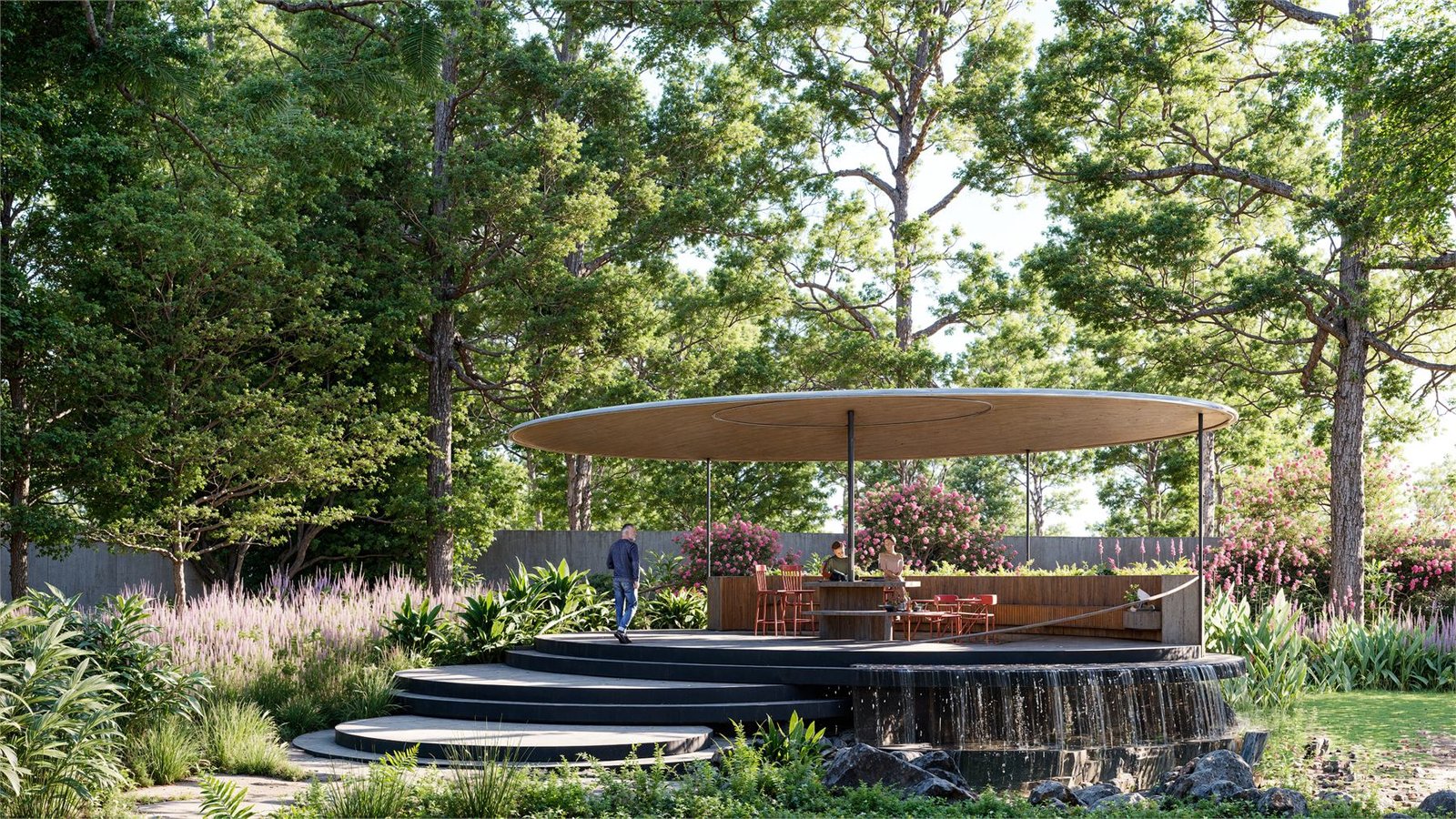 Farmhouse gazebo set within lush garden and water feature