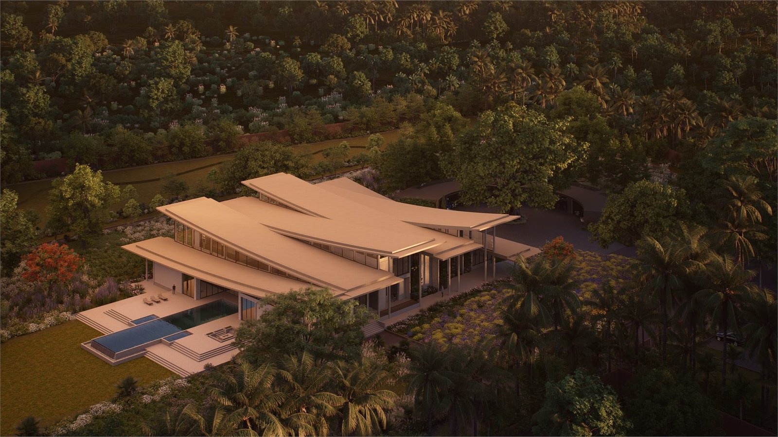 Aerial view of farmhouse architecture surrounded by dense landscape