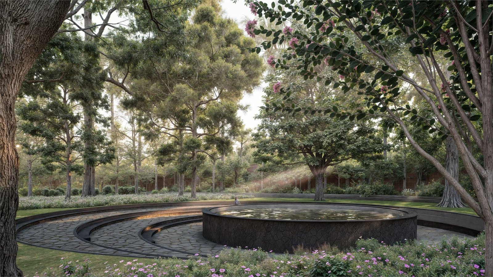 Circular garden well and seating court surrounded by mature trees